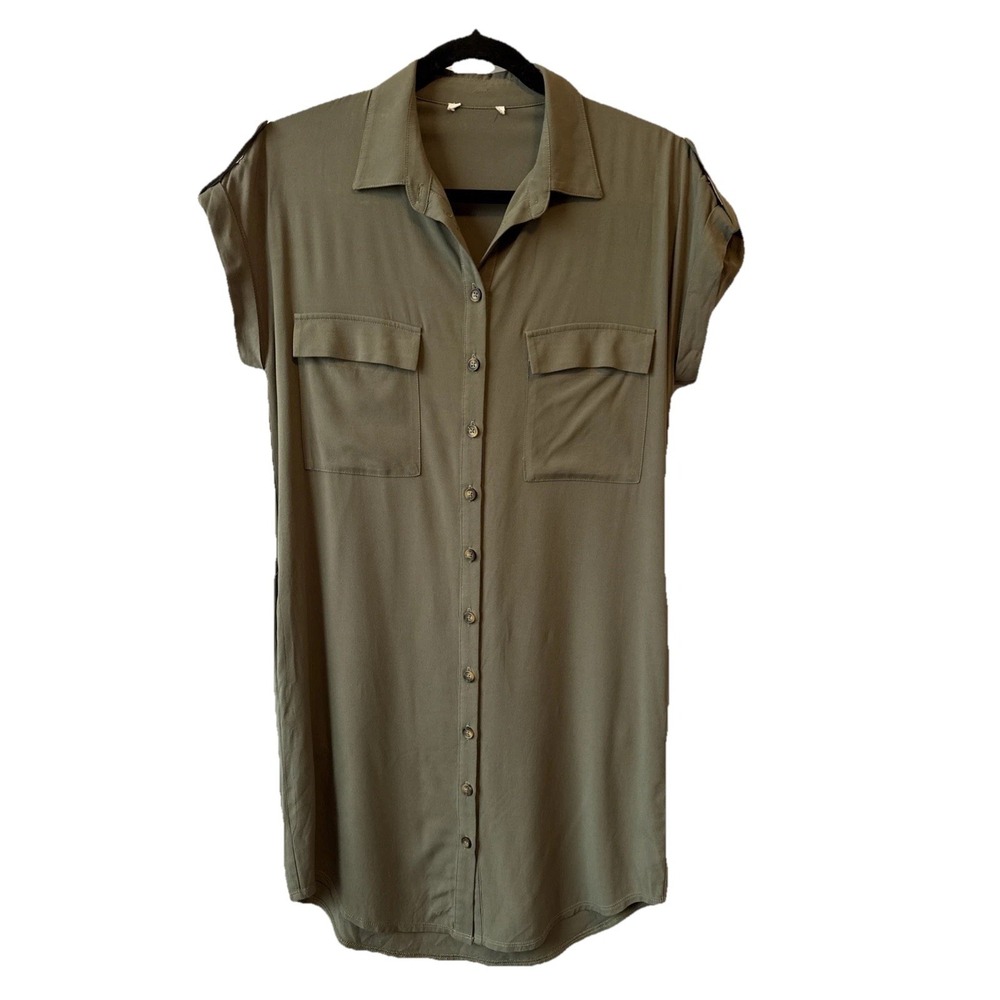 Boho Olive Green Utility Pocket Roll Tab‎ Shirt Dress S Military Safari Luxury
